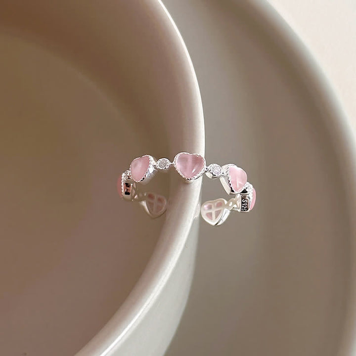 Buddha Stones Anello regolabile in argento sterling 925 con design a cuore e occhio di gatto rosa. - Occhio di gatto (Pace♥Supporto) - 17 mm (regolabile) - image 1