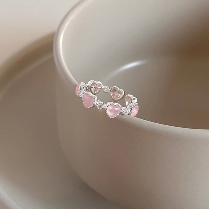 Buddha Stones Anello regolabile in argento sterling 925 con design a cuore e occhio di gatto rosa. - image 0