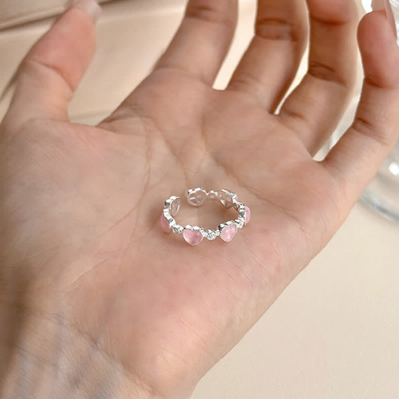 Buddha Stones Anello regolabile in argento sterling 925 con design a cuore e occhio di gatto rosa. - image 3
