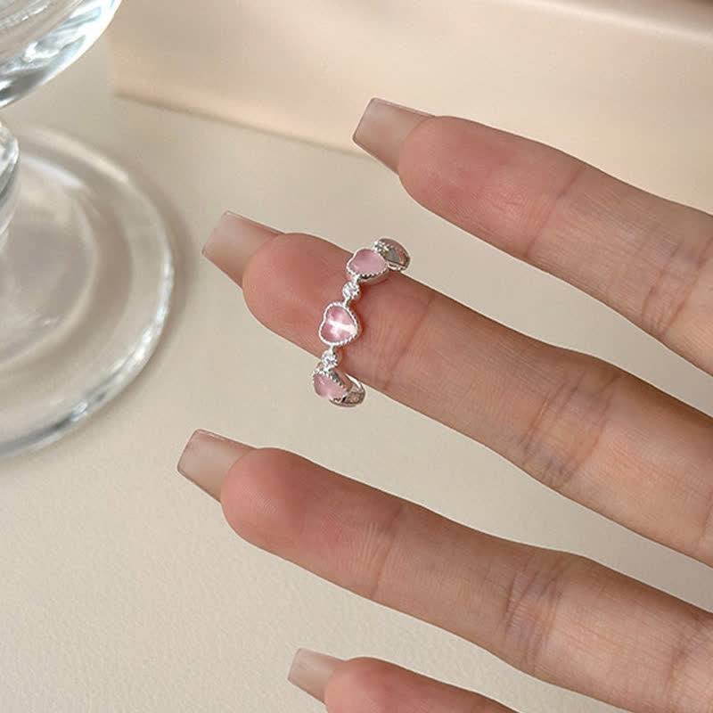 Buddha Stones Anello regolabile in argento sterling 925 con design a cuore e occhio di gatto rosa. - image 7