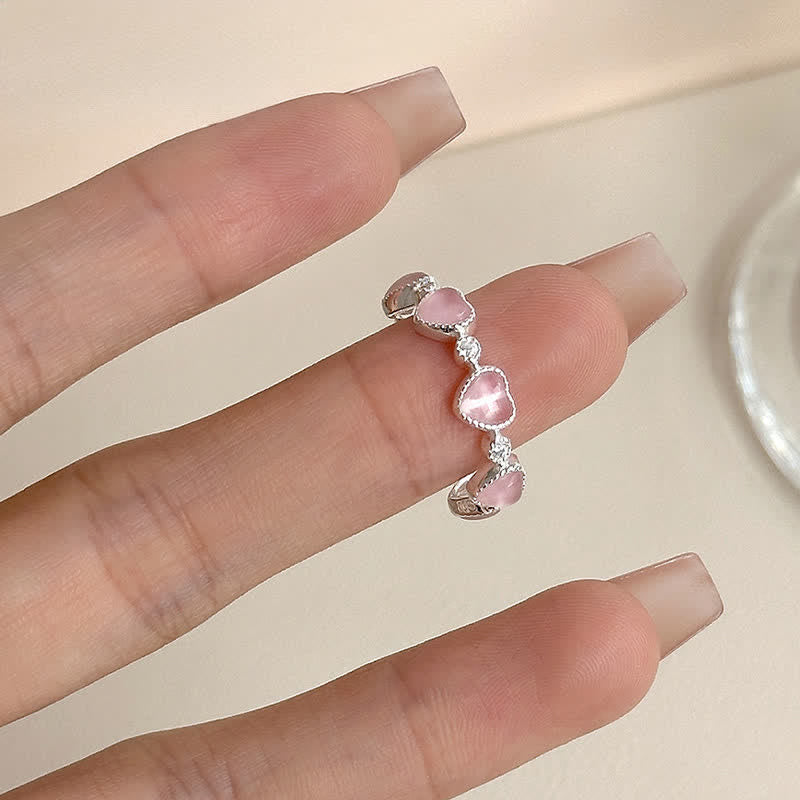 Buddha Stones Anello regolabile in argento sterling 925 con design a cuore e occhio di gatto rosa. - image 4