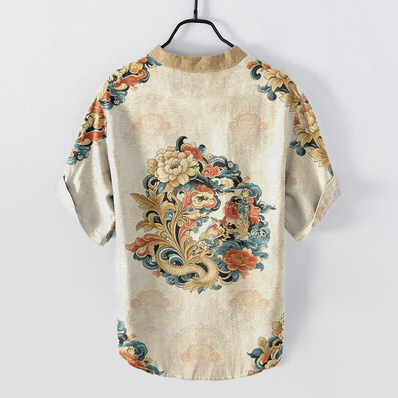 Buddha Stones Camicia da uomo a maniche corte con mezza abbottonatura, in cotone, con motivo peonia orientale e fenice. - image 1