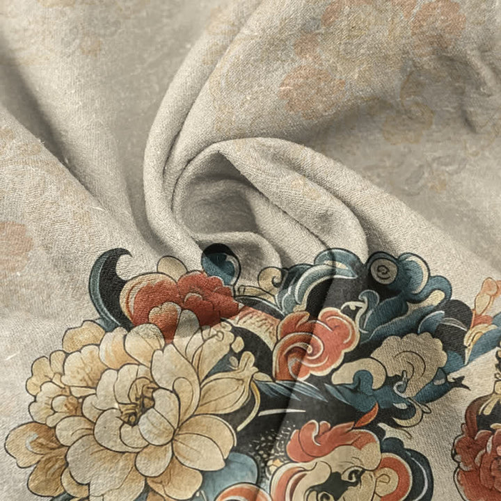 Buddha Stones Camicia da uomo a maniche corte con mezza abbottonatura, in cotone, con motivo peonia orientale e fenice. - image 2