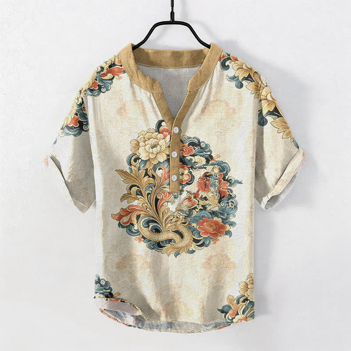 Buddha Stones Camicia da uomo a maniche corte con mezza abbottonatura, in cotone, con motivo peonia orientale e fenice. - Beige - US/UK/AU50, EU60 (5XL) - image 0
