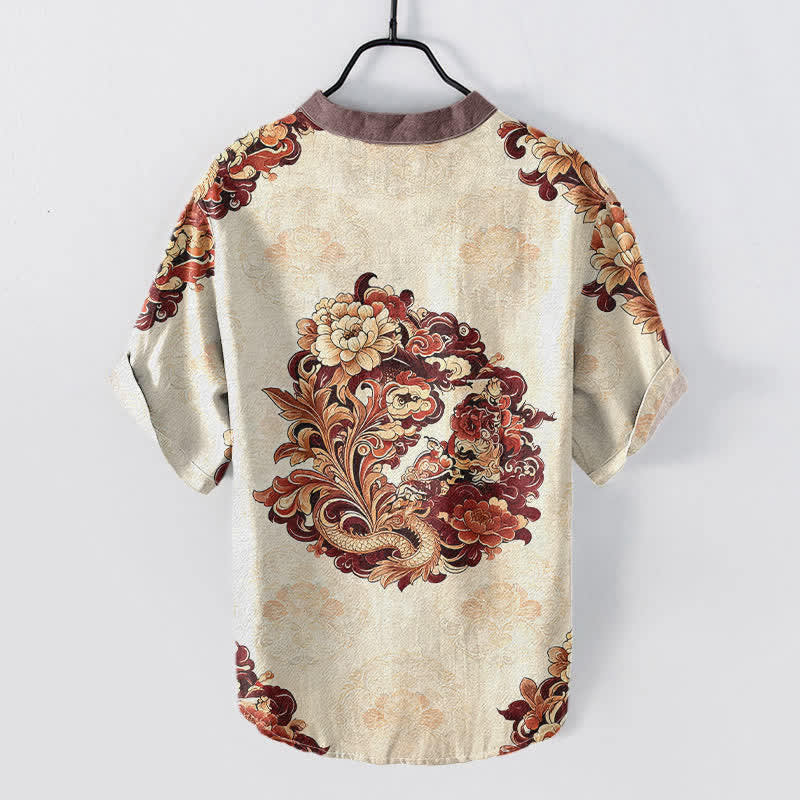 Buddha Stones Camicia da uomo a maniche corte con mezza abbottonatura, in cotone, con motivo peonia orientale e fenice. - image 4