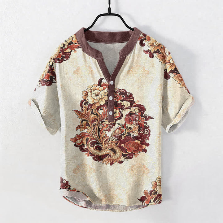Buddha Stones Camicia da uomo a maniche corte con mezza abbottonatura, in cotone, con motivo peonia orientale e fenice. - Marrone - US/UK/AU50, EU60 (5XL) - image 3