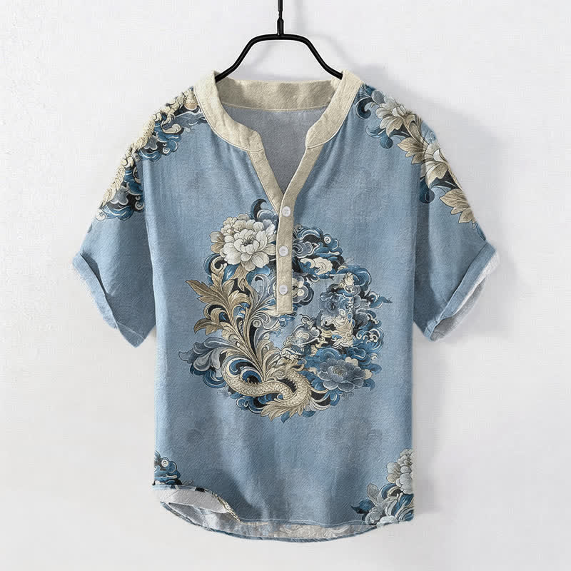 Buddha Stones Camicia da uomo a maniche corte con mezza abbottonatura, in cotone, con motivo peonia orientale e fenice. - Azzurro chiaro - US/UK/AU50, EU60 (5XL) - image 5