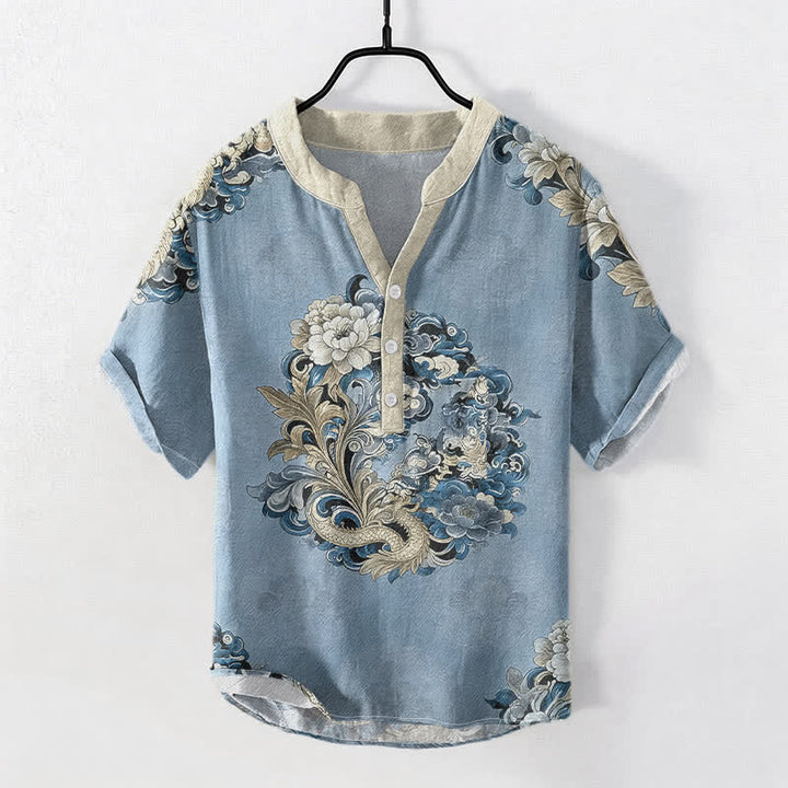 Buddha Stones Camicia da uomo a maniche corte con mezza abbottonatura, in cotone, con motivo peonia orientale e fenice. - Azzurro chiaro - US/UK/AU50, EU60 (5XL) - image 5