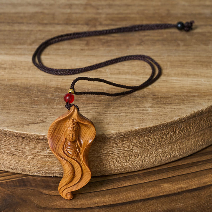 Buddha Stones Guanyin Kwan Yin Avalokiteśvara Foglia di loto Platycladus Orientalis Collana pendente ricchezza in legno - image 5