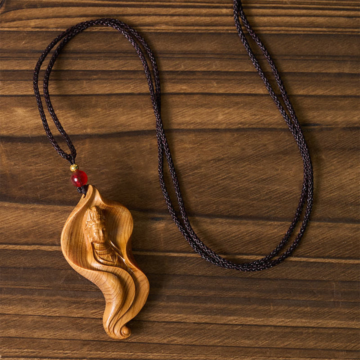 Buddha Stones Guanyin Kwan Yin Avalokiteśvara Foglia di loto Platycladus Orientalis Collana pendente ricchezza in legno - image 4