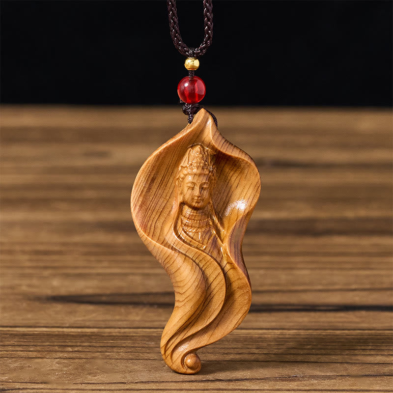 Buddha Stones Guanyin Kwan Yin Avalokiteśvara Foglia di loto Platycladus Orientalis Collana pendente ricchezza in legno - Avalokiteśvara - image 0