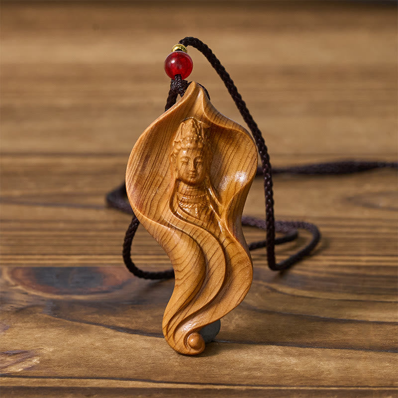Buddha Stones Guanyin Kwan Yin Avalokiteśvara Foglia di loto Platycladus Orientalis Collana pendente ricchezza in legno - image 1