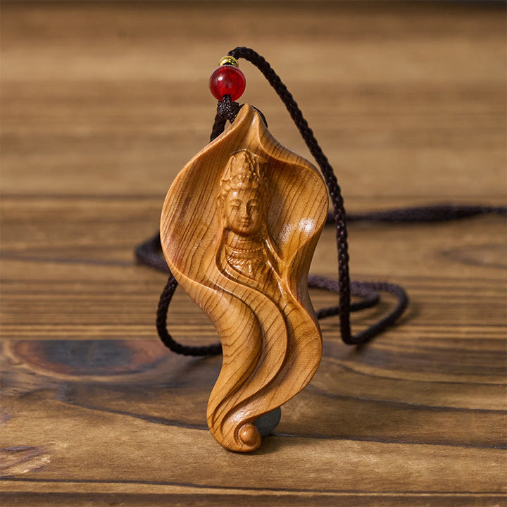 Buddha Stones Guanyin Kwan Yin Avalokiteśvara Foglia di loto Platycladus Orientalis Collana pendente ricchezza in legno - image 1
