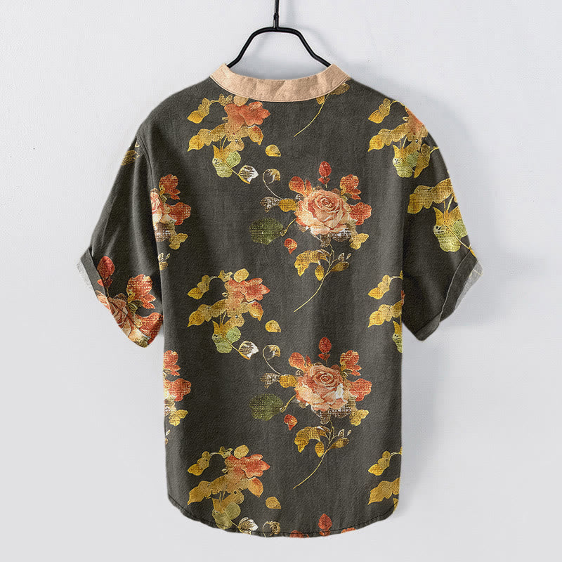 Buddha Stones Camicia da uomo a maniche corte con mezza abbottonatura, in puro cotone, con motivo vintage a roseto. - image 1