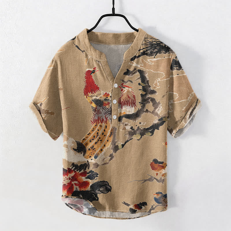 Buddha Stones Camicia da uomo a maniche corte con mezza abbottonatura, in cotone, con stampa floreale e gallo. - Tan - US/UK/AU50, EU60 (5XL) - image 3