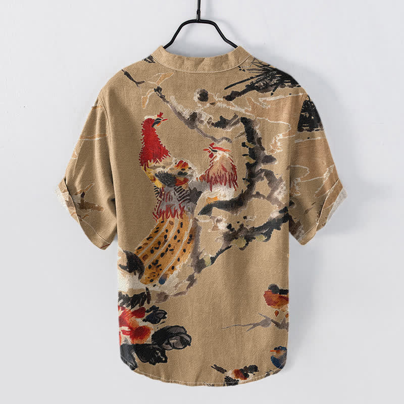 Buddha Stones Camicia da uomo a maniche corte con mezza abbottonatura, in cotone, con stampa floreale e gallo. - image 4