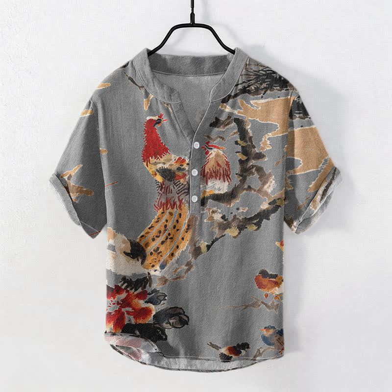 Buddha Stones Camicia da uomo a maniche corte con mezza abbottonatura, in cotone, con stampa floreale e gallo. - Grigio scuro - US/UK/AU50, EU60 (5XL) - image 5