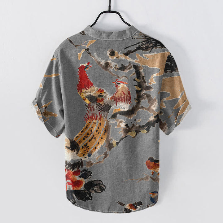 Buddha Stones Camicia da uomo a maniche corte con mezza abbottonatura, in cotone, con stampa floreale e gallo. - image 6
