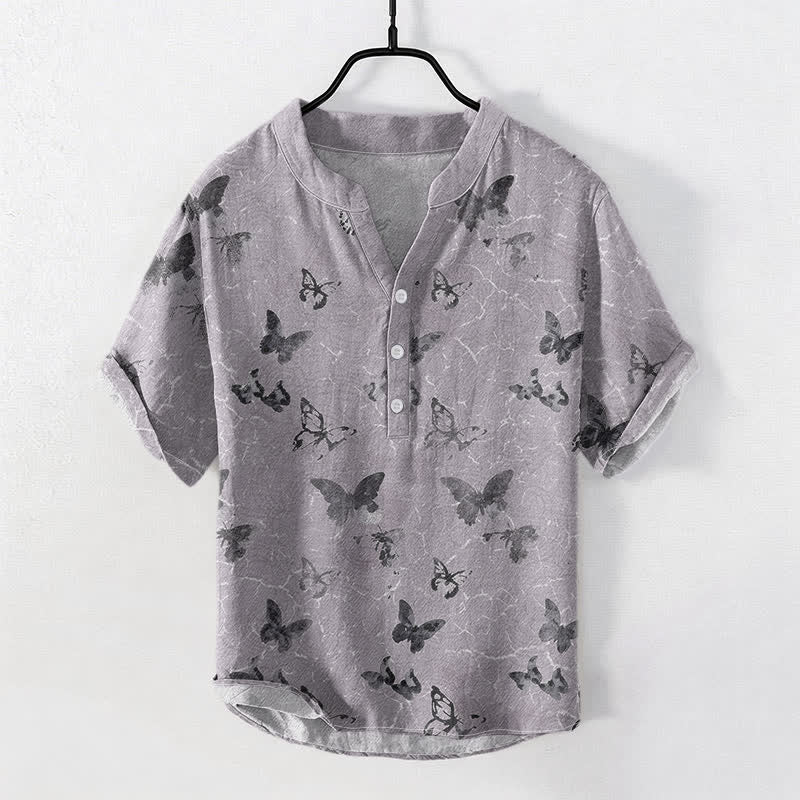 Buddha Stones Camicia da uomo a maniche corte con mezza abbottonatura e fantasia a farfalle in cotone - Cardo - US/UK/AU50, EU60 (5XL) - image 0