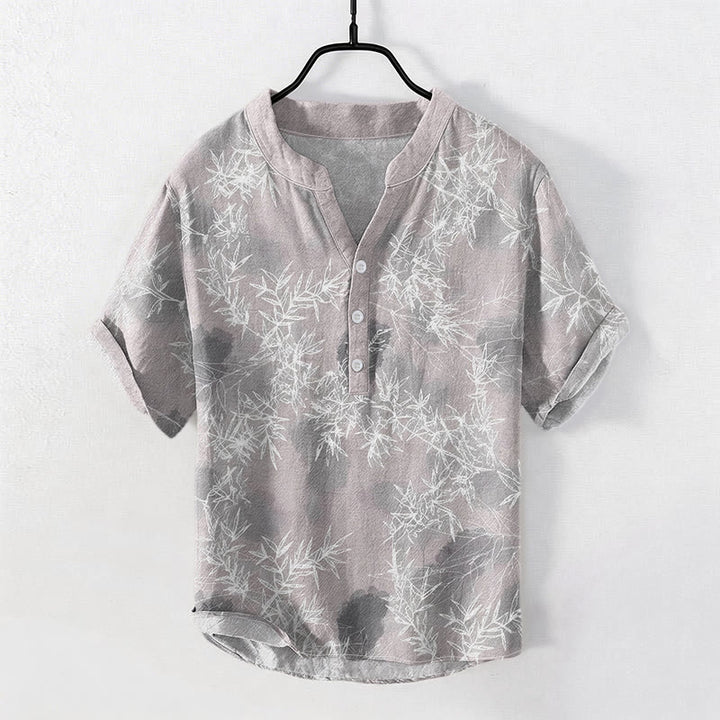 Buddha Stones Camicia da uomo a maniche corte con mezza abbottonatura, in cotone, con motivo a foglie di bambù. - Grigio chiaro - US/UK/AU50, EU60 (5XL) - image 0