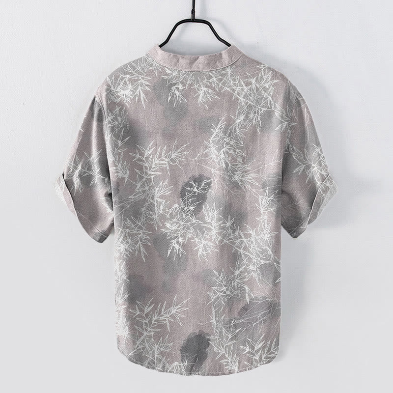 Buddha Stones Camicia da uomo a maniche corte con mezza abbottonatura, in cotone, con motivo a foglie di bambù. - image 1