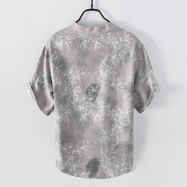 Buddha Stones Camicia da uomo a maniche corte con mezza abbottonatura, in cotone, con motivo a foglie di bambù. - image 1