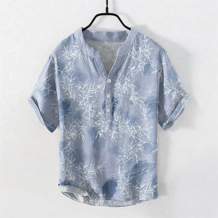 Buddha Stones Camicia da uomo a maniche corte con mezza abbottonatura, in cotone, con motivo a foglie di bambù. - Blu acciaio chiaro - US/UK/AU50, EU60 (5XL) - image 3