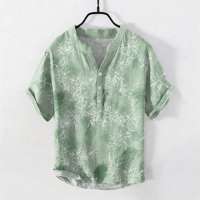 Buddha Stones Camicia da uomo a maniche corte con mezza abbottonatura, in cotone, con motivo a foglie di bambù. - Verde chiaro - US/UK/AU50, EU60 (5XL) - image 5