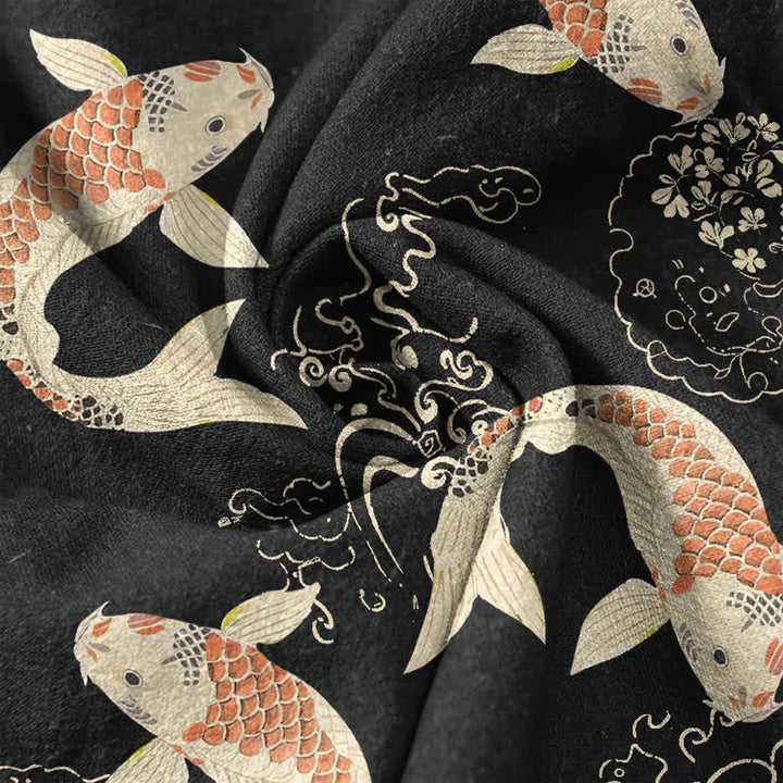 Buddha Stones Camicia da uomo a maniche corte con mezza abbottonatura e motivo a onde di pesci koi in cotone. - image 4