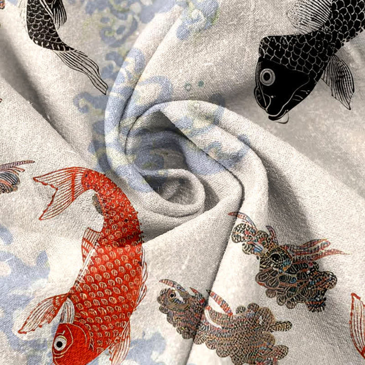 Buddha Stones Camicia da uomo a maniche corte con mezza abbottonatura e motivo a onde e pesci koi in cotone. - image 2