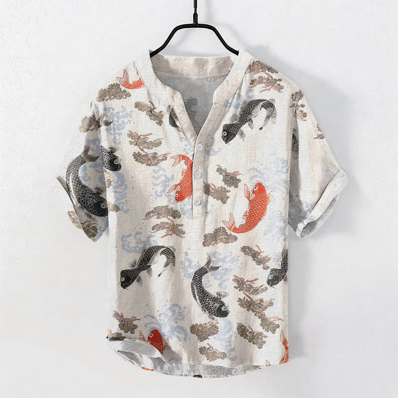 Buddha Stones Camicia da uomo a maniche corte con mezza abbottonatura e motivo a onde e pesci koi in cotone. - Biancheria - US/UK/AU50, EU60 (5XL) - image 0