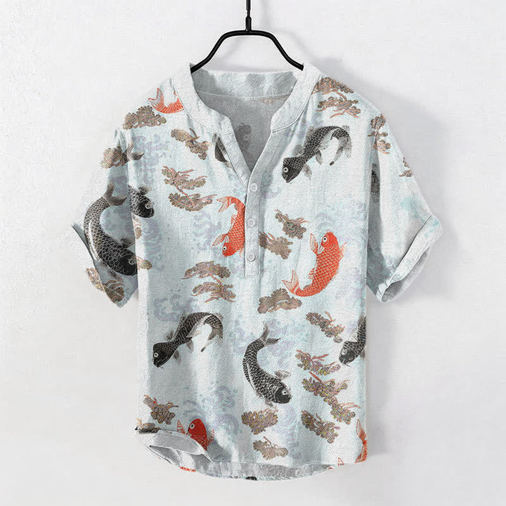 Buddha Stones Camicia da uomo a maniche corte con mezza abbottonatura e motivo a onde e pesci koi in cotone. - Ciano chiaro - US/UK/AU50, EU60 (5XL) - image 3