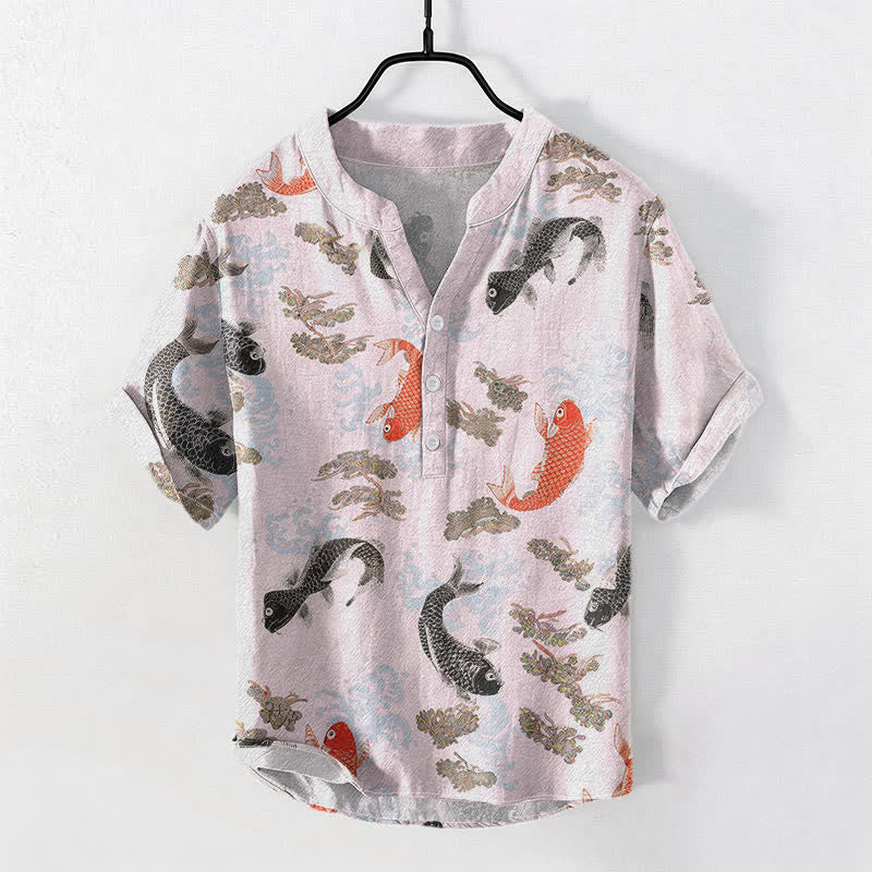 Buddha Stones Camicia da uomo a maniche corte con mezza abbottonatura e motivo a onde e pesci koi in cotone. - Lavanda Rosa - US/UK/AU50, EU60 (5XL) - image 5