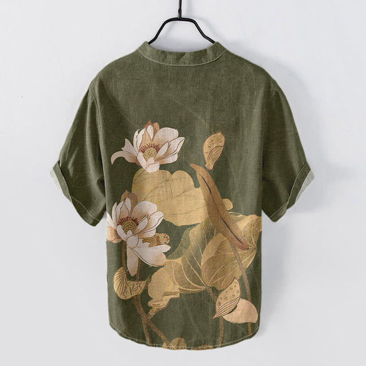 Buddha Stones Camicia da uomo a maniche corte con mezzo bottone, in cotone, dipinta a mano con motivo a loto. - image 4