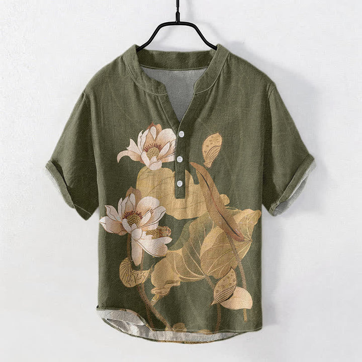 Buddha Stones Camicia da uomo a maniche corte con mezzo bottone, in cotone, dipinta a mano con motivo a loto. - Verde oliva scuro - US/UK/AU50, EU60 (5XL) - image 3