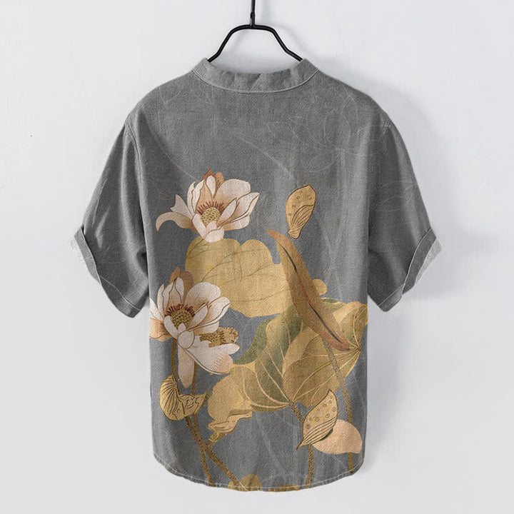 Buddha Stones Camicia da uomo a maniche corte con mezzo bottone, in cotone, dipinta a mano con motivo a loto. - image 6