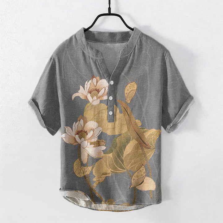 Buddha Stones Camicia da uomo a maniche corte con mezzo bottone, in cotone, dipinta a mano con motivo a loto. - Grigio - US/UK/AU50, EU60 (5XL) - image 5