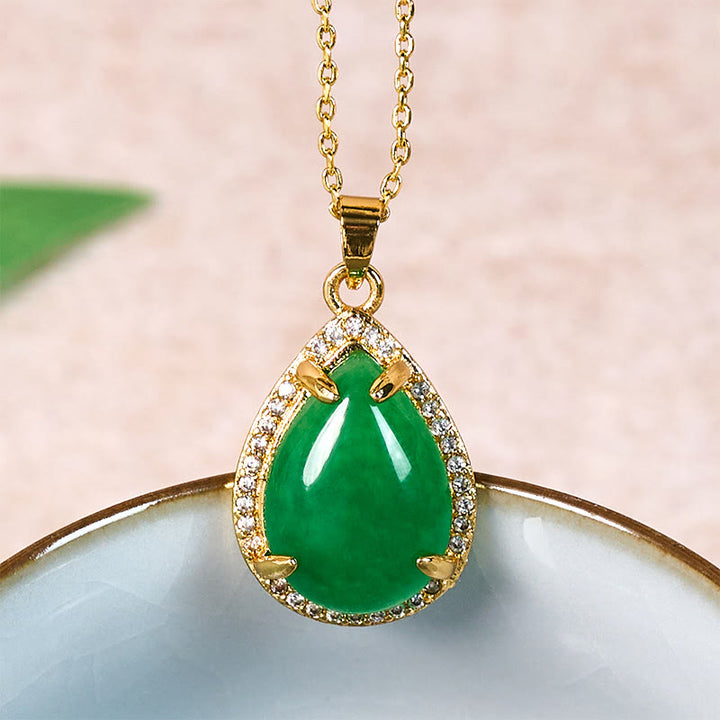 Buddha Stones Collana con ciondolo a goccia in rame e agata verde in argento sterling 925, stile retrò, portafortuna e ricchezza. - Agata verde (Dimensioni del ciondolo: circa 2*1 cm) - image 0