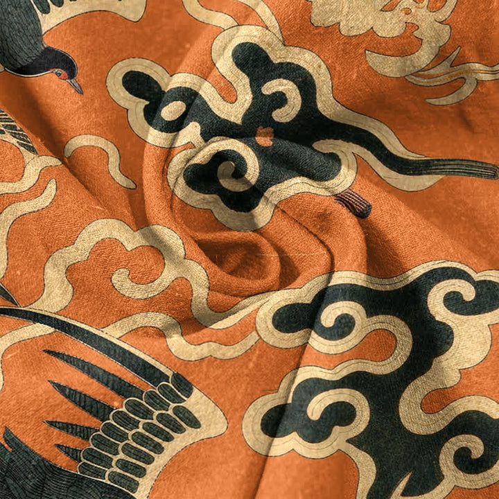 Buddha Stones Camicia da uomo a maniche corte con mezzo bottone, in cotone, con motivo gru e nuvole. - image 4