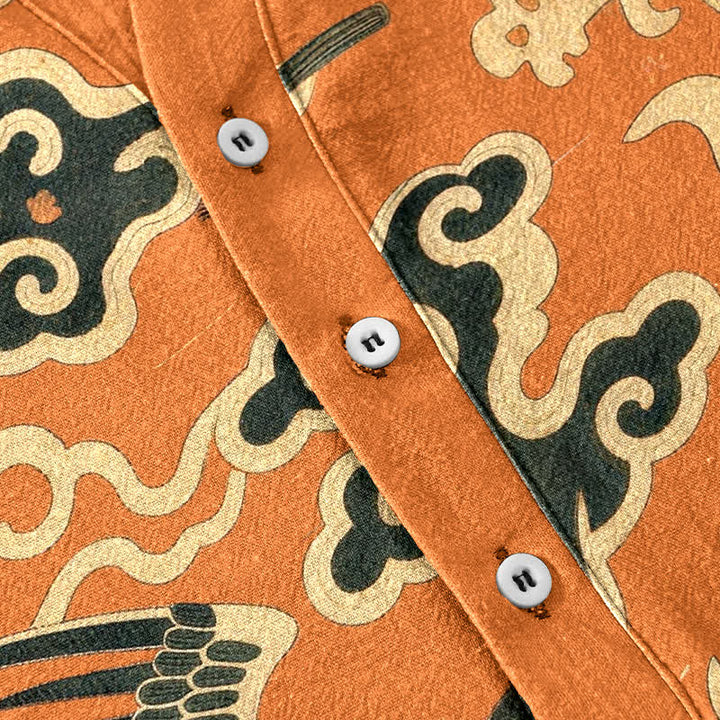 Buddha Stones Camicia da uomo a maniche corte con mezzo bottone, in cotone, con motivo gru e nuvole. - image 3