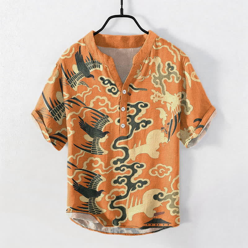 Buddha Stones Camicia da uomo a maniche corte con mezzo bottone, in cotone, con motivo gru e nuvole. - Arancione scuro - US/UK/AU50, EU60 (5XL) - image 0