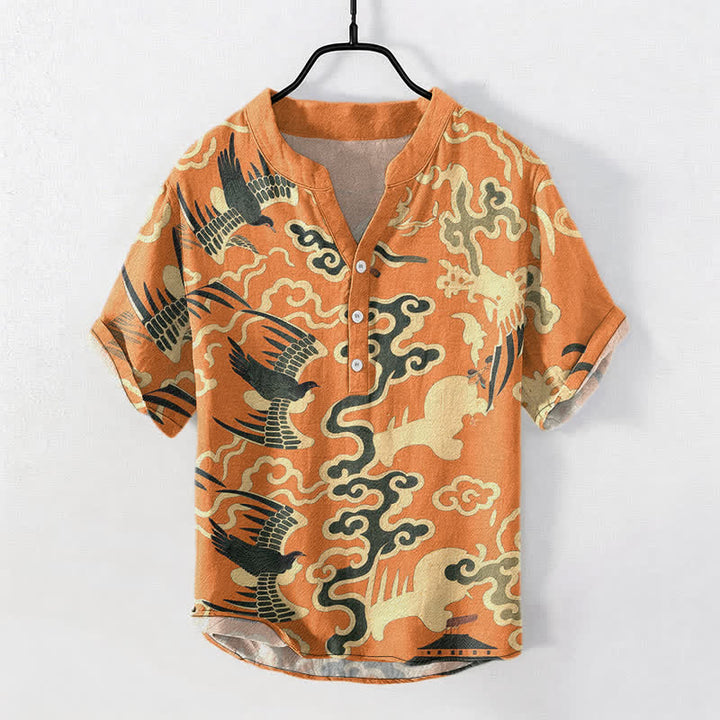 Buddha Stones Camicia da uomo a maniche corte con mezzo bottone, in cotone, con motivo gru e nuvole. - Arancione scuro - US/UK/AU50, EU60 (5XL) - image 0