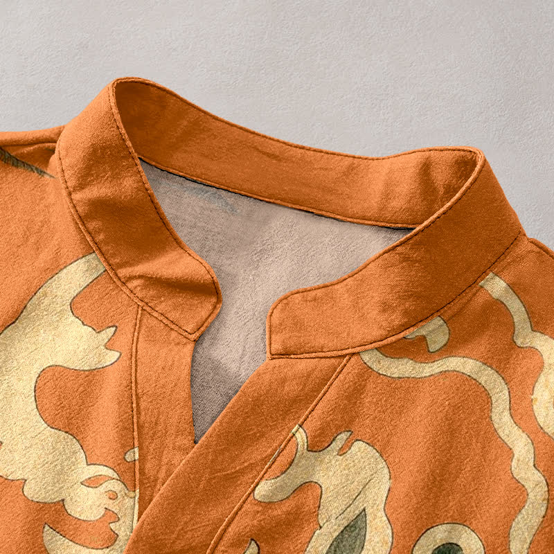 Buddha Stones Camicia da uomo a maniche corte con mezzo bottone, in cotone, con motivo gru e nuvole. - image 2