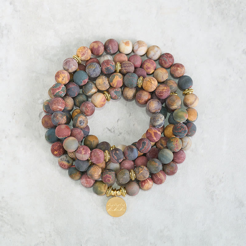 Buddha Stones 222 Numero Angelico 108 Mala di Perle di Diaspro Picasso Mala Energetico - image 1