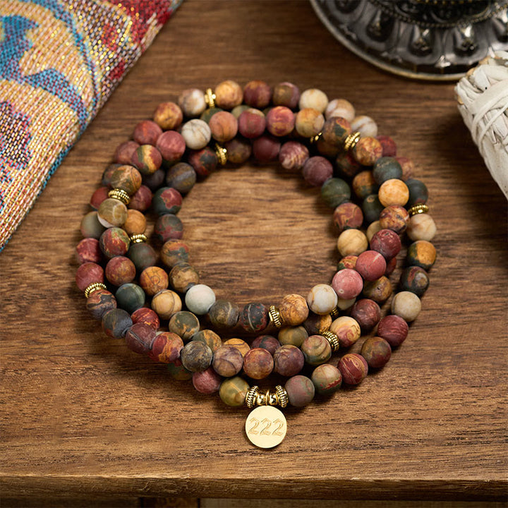 Buddha Stones 222 Numero Angelico 108 Mala di Perle di Diaspro Picasso Mala Energetico - image 3