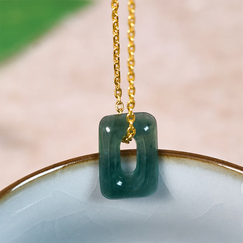 Buddha Stones Collana con ciondolo a forma di mini quadrato in giada verde, simbolo di abbondanza. - Mini quadrato in giada naturale (il colore può variare) - D'oro - image 1