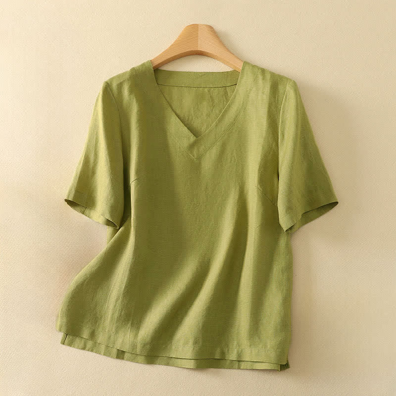 Buddha Stones T-shirt da donna a maniche corte, tinta unita, con scollo a V, stile minimalista estivo, per l'estate. - Verde oliva - US8-10, UK/AU12-14, EU40-42 (2XL) - image 0