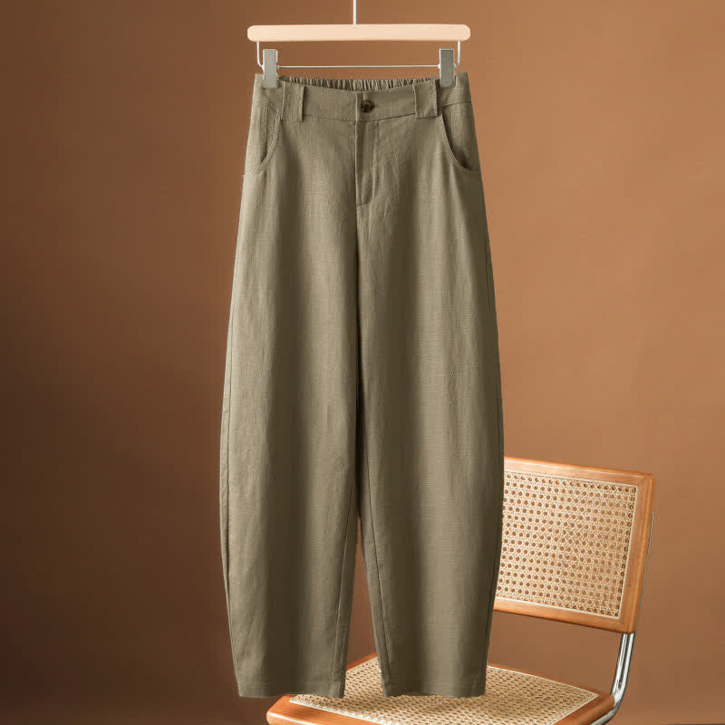 Buddha Stones Pantaloni harem da donna estivi minimalisti, tinta unita, con bottoni e tasche. - Cachi scuro - US8-10, UK/AU12-14, EU40-42 (2XL) - image 0