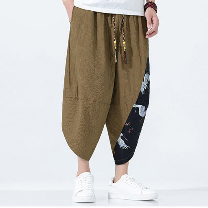 Buddha Stones Pantaloni harem da uomo estivi con coulisse, nappine e stampa gru - image 2