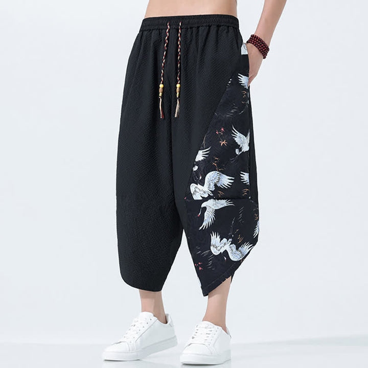 Buddha Stones Pantaloni harem da uomo estivi con coulisse, nappine e stampa gru - image 13